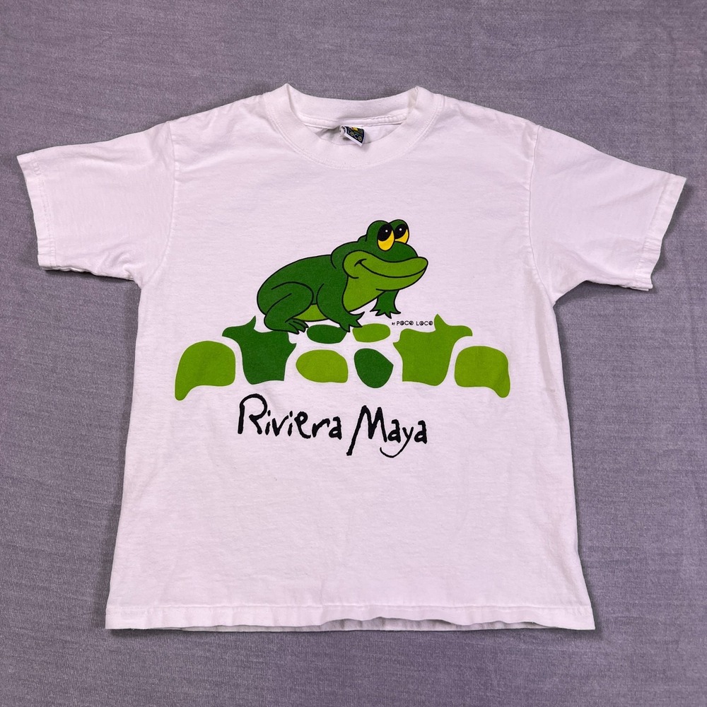 Poco Loco Club Riviera Maya Green Frog Graphic T-Shirt Boys XL White Cotton
